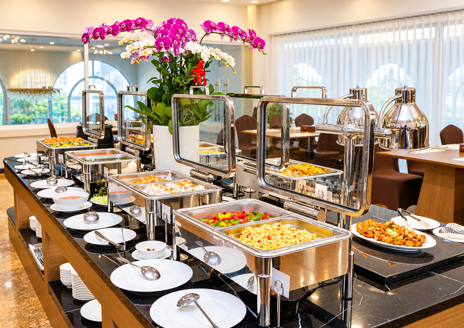 Tiệc buffet sang trọng trang trí hoa lan tại Khách sạn Sài Gòn Đà Lạt Premium